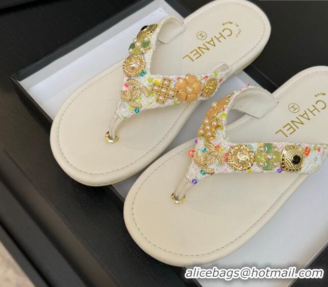 Good Looking Chanel Tweed Flat Thong Slide Sandals with Charm White 2025 G46304
