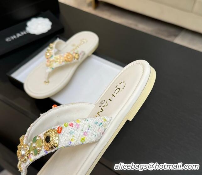 Good Looking Chanel Tweed Flat Thong Slide Sandals with Charm White 2025 G46304