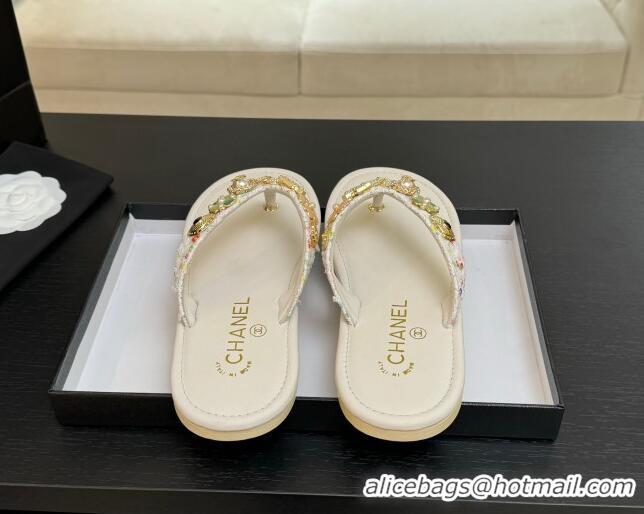 Good Looking Chanel Tweed Flat Thong Slide Sandals with Charm White 2025 G46304