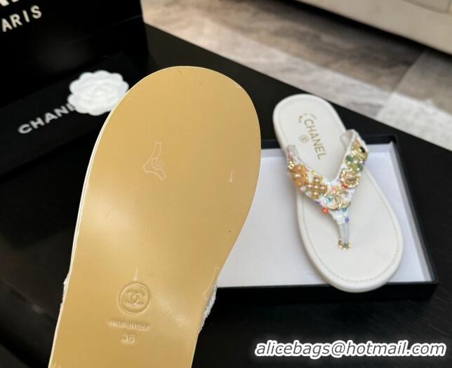 Good Looking Chanel Tweed Flat Thong Slide Sandals with Charm White 2025 G46304