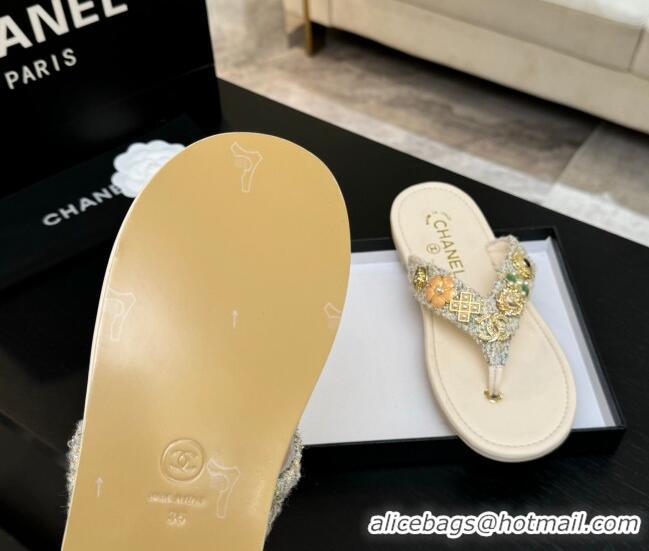 Shop Duplicate Chanel Tweed Flat Thong Slide Sandals with Charm Nude 2025 G46304