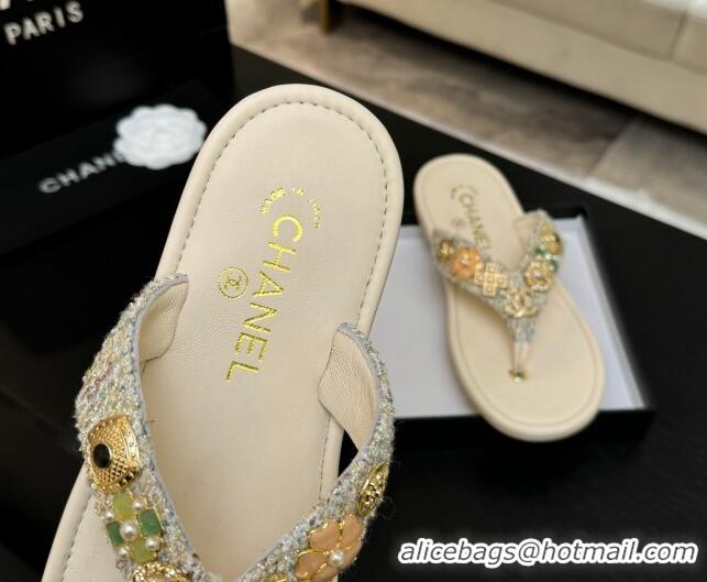 Shop Duplicate Chanel Tweed Flat Thong Slide Sandals with Charm Nude 2025 G46304