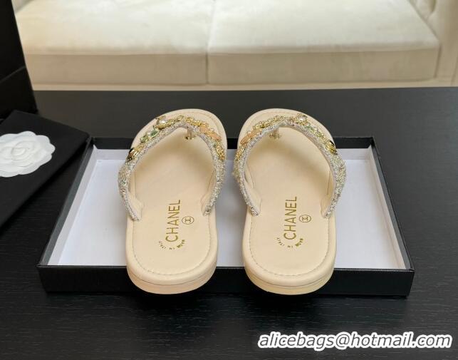 Shop Duplicate Chanel Tweed Flat Thong Slide Sandals with Charm Nude 2025 G46304
