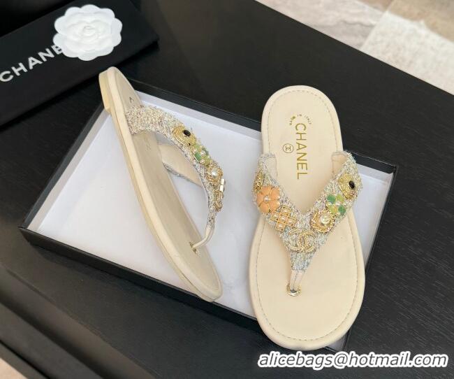 Shop Duplicate Chanel Tweed Flat Thong Slide Sandals with Charm Nude 2025 G46304