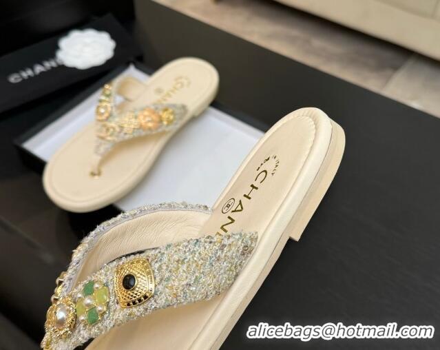 Shop Duplicate Chanel Tweed Flat Thong Slide Sandals with Charm Nude 2025 G46304