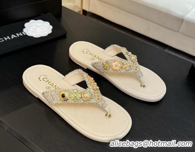 Shop Duplicate Chanel Tweed Flat Thong Slide Sandals with Charm Nude 2025 G46304