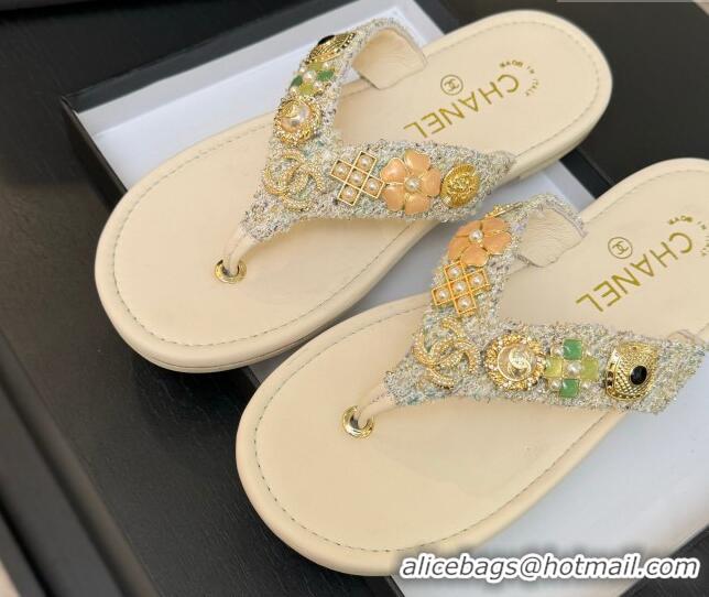 Shop Duplicate Chanel Tweed Flat Thong Slide Sandals with Charm Nude 2025 G46304