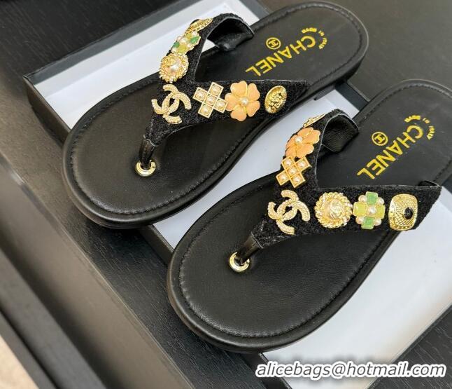 Charming Chanel Tweed Flat Thong Slide Sandals with Charm Black2 2025 G46304