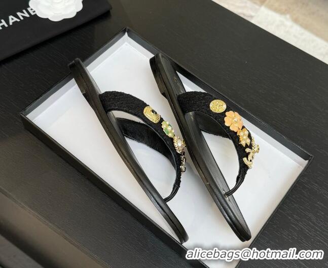 Charming Chanel Tweed Flat Thong Slide Sandals with Charm Black2 2025 G46304