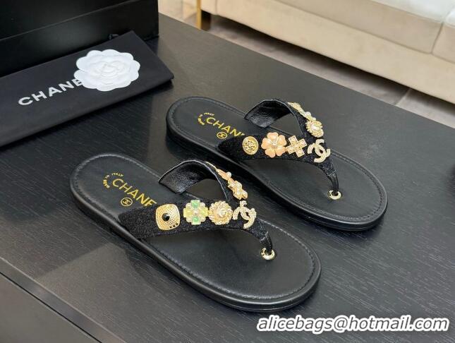 Charming Chanel Tweed Flat Thong Slide Sandals with Charm Black2 2025 G46304