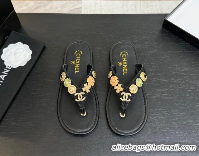 Charming Chanel Tweed Flat Thong Slide Sandals with Charm Black2 2025 G46304