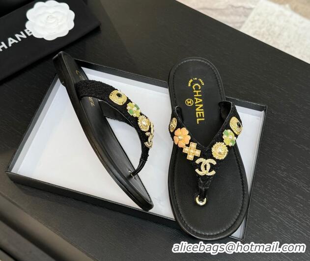Charming Chanel Tweed Flat Thong Slide Sandals with Charm Black2 2025 G46304