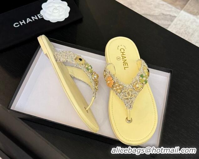 Best Product Chanel Tweed Flat Thong Slide Sandals with Charm Yellow 2025 G46304
