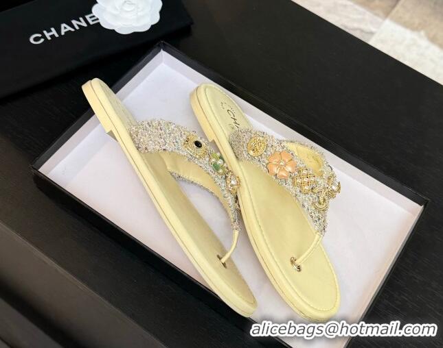 Best Product Chanel Tweed Flat Thong Slide Sandals with Charm Yellow 2025 G46304