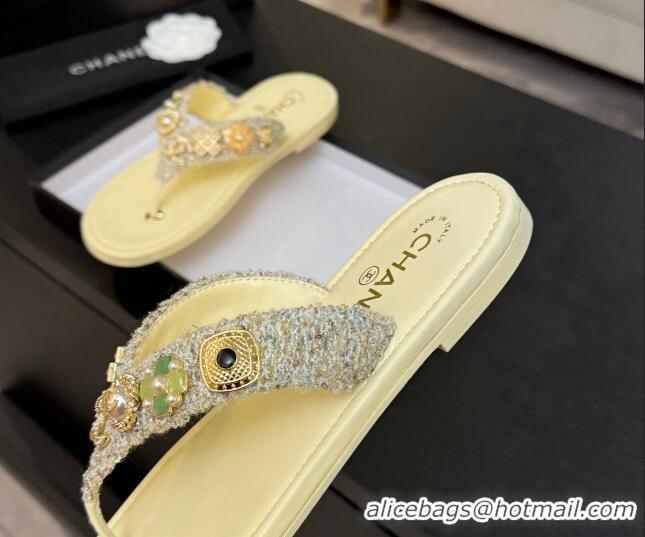 Best Product Chanel Tweed Flat Thong Slide Sandals with Charm Yellow 2025 G46304