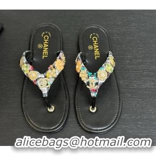 Luxury Chanel Tweed Flat Thong Slide Sandals with Charm Black1 2025 G46304