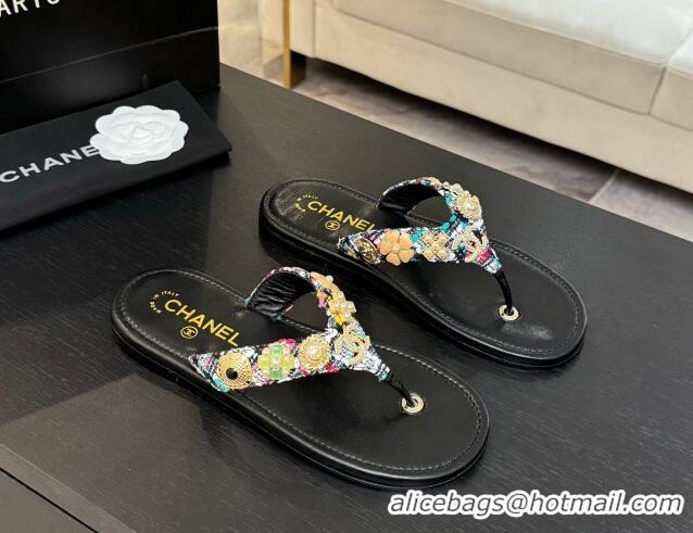 Luxury Chanel Tweed Flat Thong Slide Sandals with Charm Black1 2025 G46304