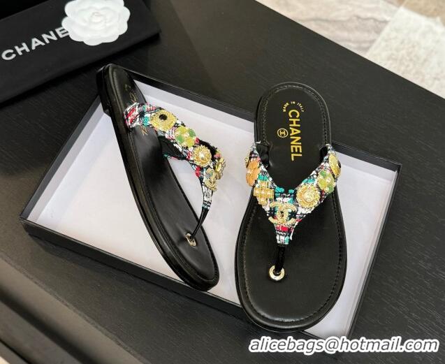 Luxury Chanel Tweed Flat Thong Slide Sandals with Charm Black1 2025 G46304