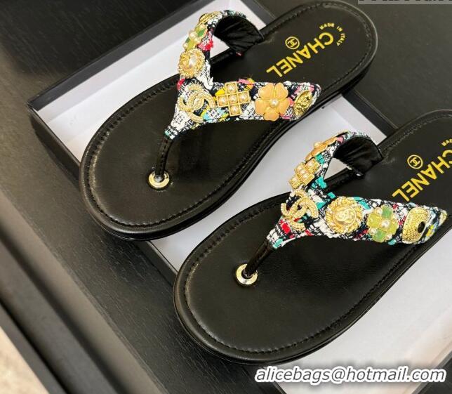 Luxury Chanel Tweed Flat Thong Slide Sandals with Charm Black1 2025 G46304