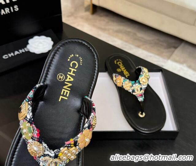 Luxury Chanel Tweed Flat Thong Slide Sandals with Charm Black1 2025 G46304