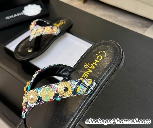 Luxury Chanel Tweed Flat Thong Slide Sandals with Charm Black1 2025 G46304