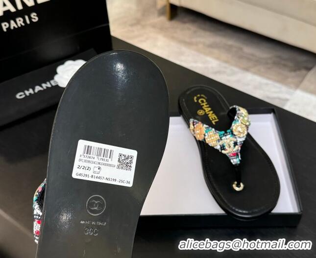 Luxury Chanel Tweed Flat Thong Slide Sandals with Charm Black1 2025 G46304
