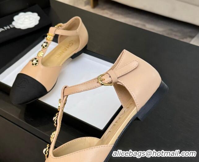 Good Product Chanel Calfskin Mary Janes Flats with Charm Rose Beige 2025 CH041620