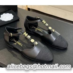 Perfect Chanel Calfskin Mary Janes Flats with Charm Black 2025 CH041620