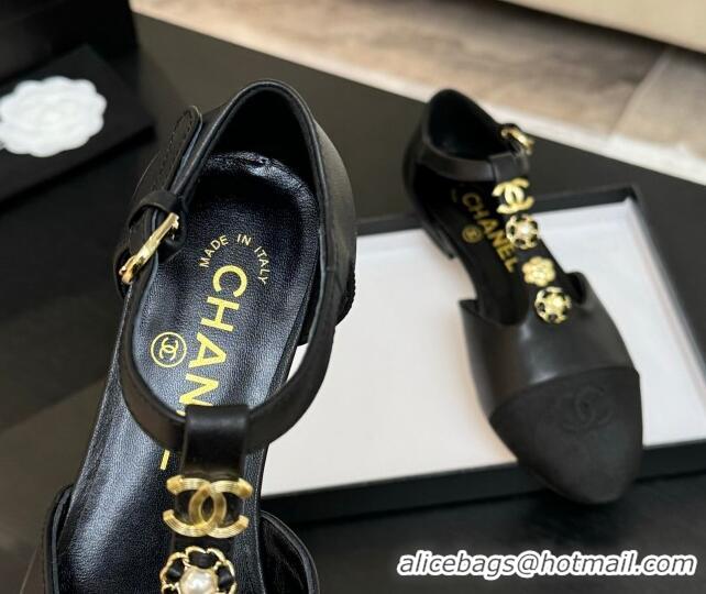 Perfect Chanel Calfskin Mary Janes Flats with Charm Black 2025 CH041620
