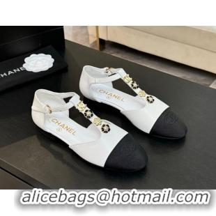 Luxury Discount Chanel Calfskin Mary Janes Flats with Charm White 2025 CH041620