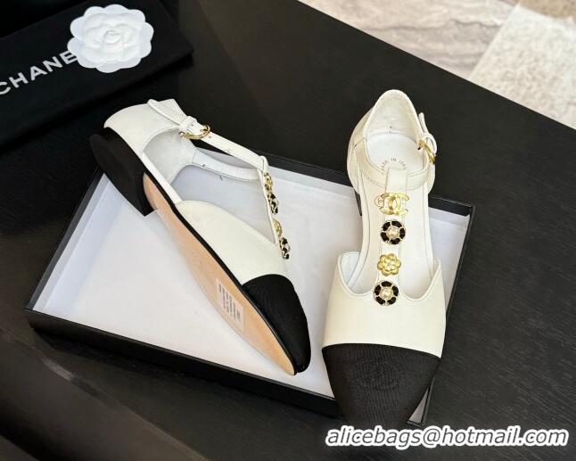 Luxury Discount Chanel Calfskin Mary Janes Flats with Charm White 2025 CH041620