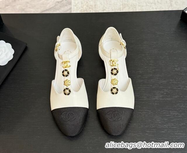 Luxury Discount Chanel Calfskin Mary Janes Flats with Charm White 2025 CH041620