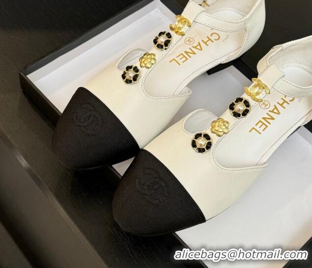 Luxury Discount Chanel Calfskin Mary Janes Flats with Charm White 2025 CH041620