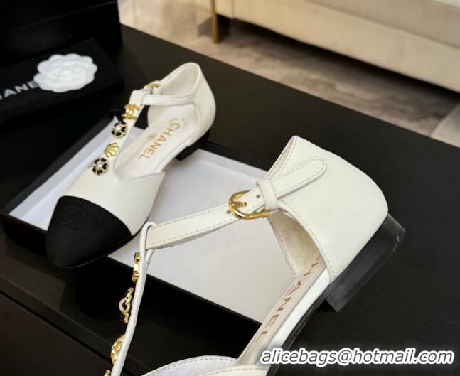 Luxury Discount Chanel Calfskin Mary Janes Flats with Charm White 2025 CH041620