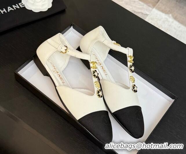 Luxury Discount Chanel Calfskin Mary Janes Flats with Charm White 2025 CH041620