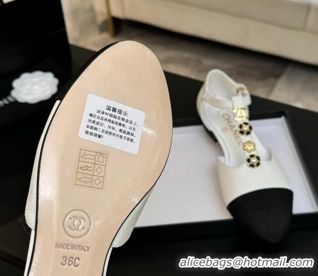 Luxury Discount Chanel Calfskin Mary Janes Flats with Charm White 2025 CH041620