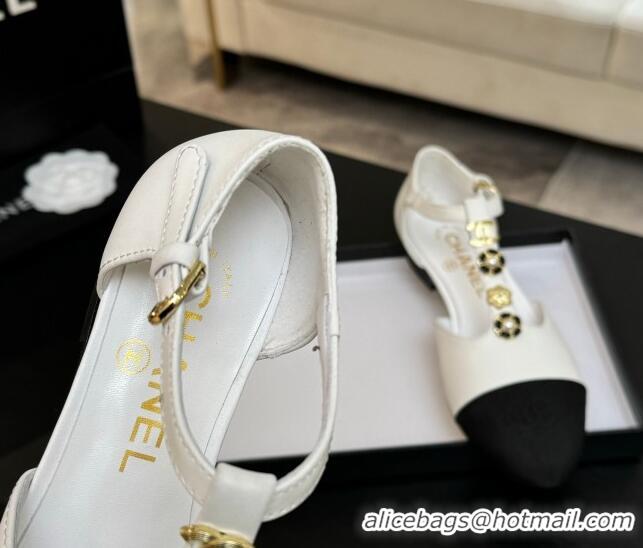 Luxury Discount Chanel Calfskin Mary Janes Flats with Charm White 2025 CH041620