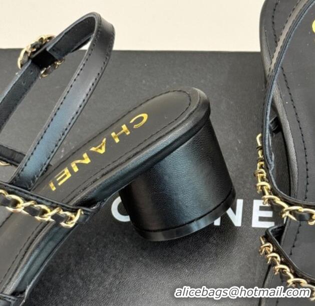 Luxury Chanel Lambskin Heel Sandals with Chain Strap Black 2025 G45667