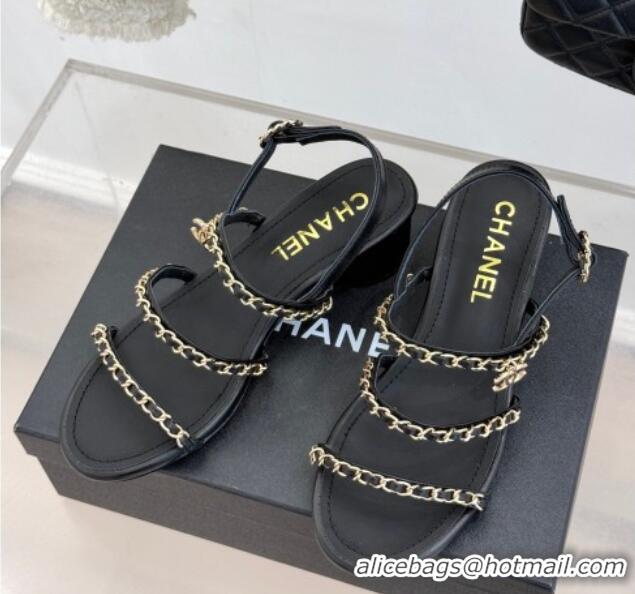 Luxury Chanel Lambskin Heel Sandals with Chain Strap Black 2025 G45667