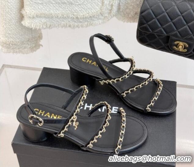 Luxury Chanel Lambskin Heel Sandals with Chain Strap Black 2025 G45667