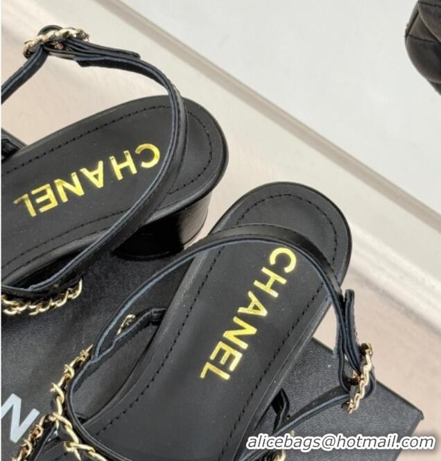 Luxury Chanel Lambskin Heel Sandals with Chain Strap Black 2025 G45667