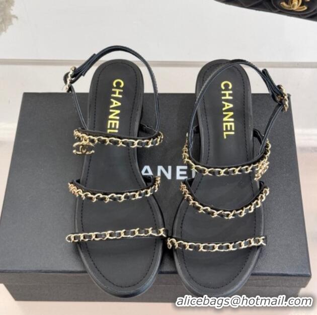 Luxury Chanel Lambskin Heel Sandals with Chain Strap Black 2025 G45667