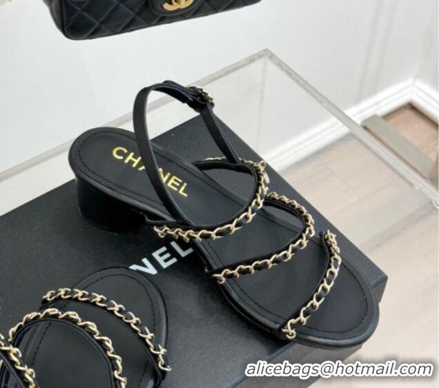 Luxury Chanel Lambskin Heel Sandals with Chain Strap Black 2025 G45667