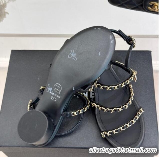 Luxury Chanel Lambskin Heel Sandals with Chain Strap Black 2025 G45667