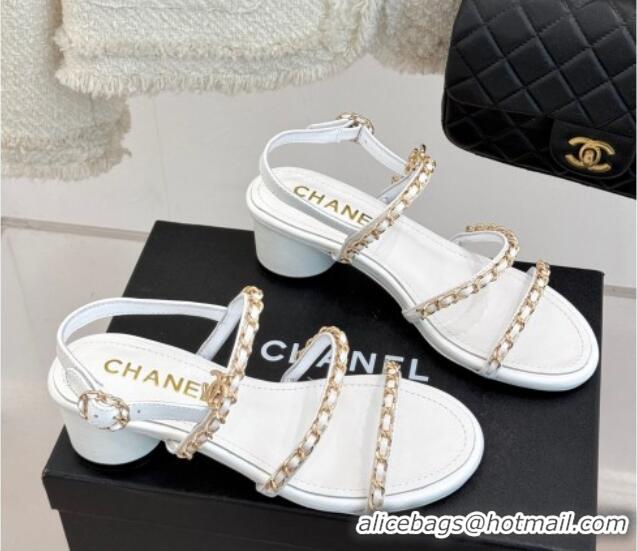 Low Price Chanel Lambskin Heel Sandals with Chain Strap White 2025 G45667 