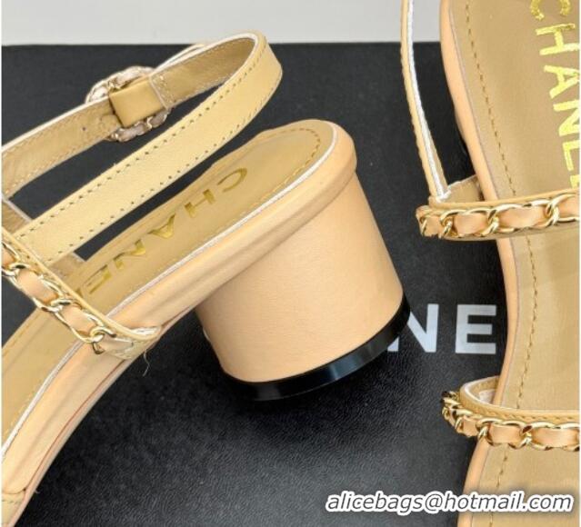 Best Price Chanel Lambskin Heel Sandals with Chain Strap Beige 2025 G45667