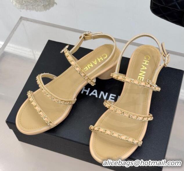 Best Price Chanel Lambskin Heel Sandals with Chain Strap Beige 2025 G45667