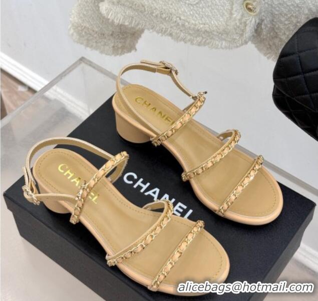 Best Price Chanel Lambskin Heel Sandals with Chain Strap Beige 2025 G45667