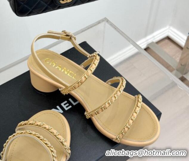 Best Price Chanel Lambskin Heel Sandals with Chain Strap Beige 2025 G45667