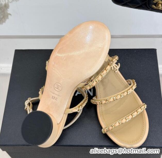 Best Price Chanel Lambskin Heel Sandals with Chain Strap Beige 2025 G45667